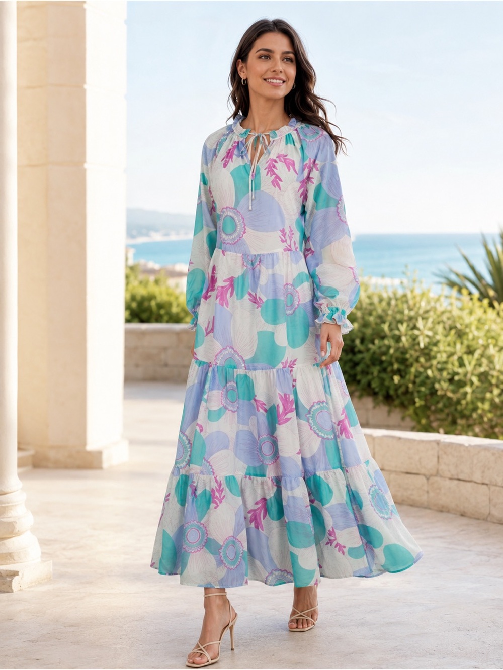 J. Marie Mia Rae maxi Dress Women’s Small Long Sleeve Tiered Floral Boho B28